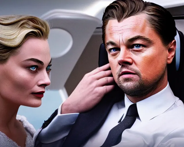 Image similar to leonardo dicaprio as the wolf of wall street next to margot robbie as naomi from the wolf of wall street in a helicopter, hyper realistic faces, beautiful eyes, cinematic, long shot, hyper detailed, 8 5 mm photograph, 8 k resolution, film still, sharp lens, wide lens