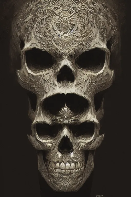 Image similar to concept art skull, the skull is decorated with art deco patterns, close - up portrait, powerfull, intricate, elegant, volumetric lighting, scenery, digital painting, highly detailed, artstation, sharp focus, illustration, concept art, ruan jia, steve mccurry