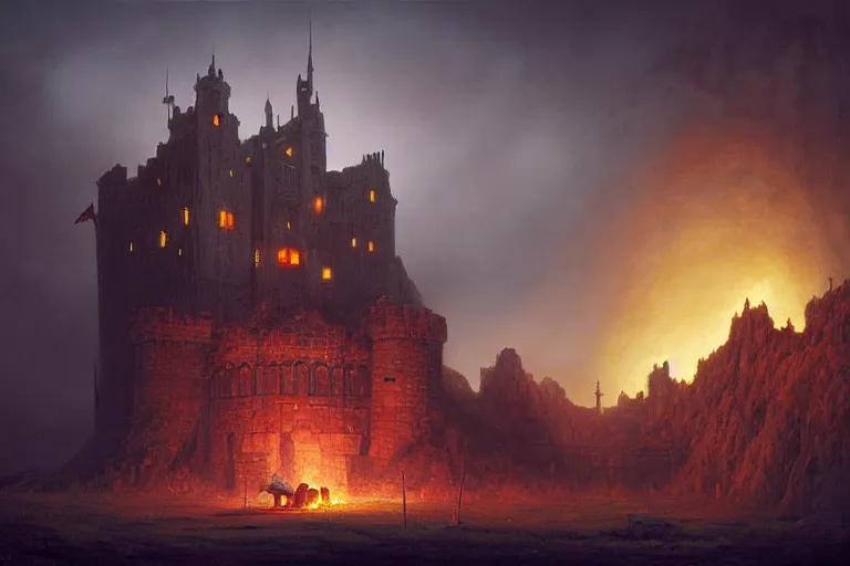 Image similar to a castle at night being lit up by the fire of a dragon, Les Edwards, Zdzislaw Beksinski, Carl Gustav Carus, John Harris, Michal Karcz, Zhang Kechun, Mikko Lagerstedt, Scott Listfield, Steven Outram, Jessica Rossier