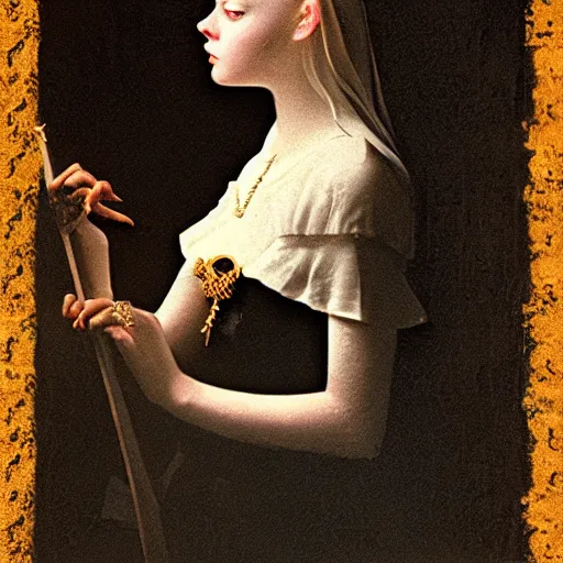 Prompt: a striking esoteric painting of Elle Fanning, dark, metal, black background, occult, by Johannes Vermeer