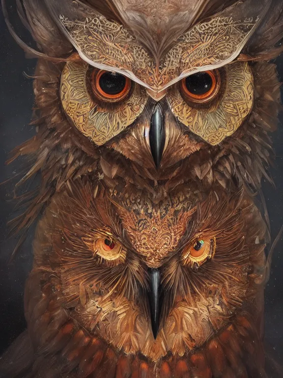 Image similar to a ultradetailed beautiful concept art of a an intricate wooden mask of an owl painted with beautiful colors, but the mask seems to hide some dark secret, wear it if your dare, concept art, high resolution 4 k, by tom bagshaw, greg rutkowski, charli bowater and artgeem