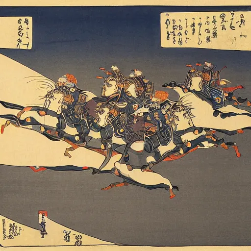 Prompt: The charge of the light brigade with robotic horses, steampunk, dramatic lighting, heavy weapons fire, energy weapons, light fog, ukiyo-e by Hokusai
