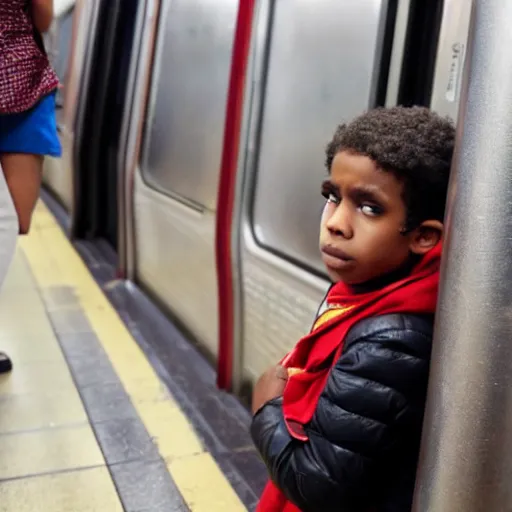 Prompt: a kid feeling anxious on the nyc subway