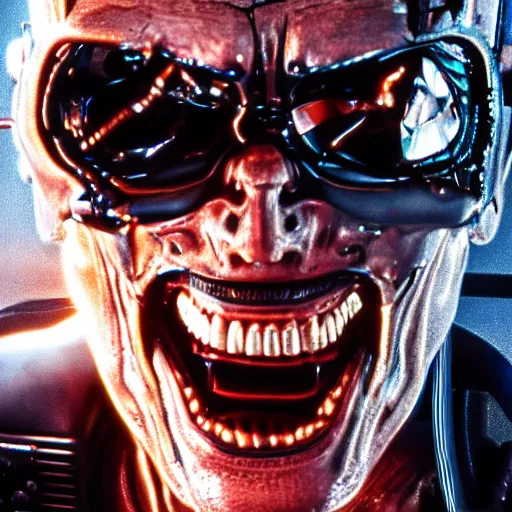 Image similar to terminator laughing and fooling around, ultra realistic details, 8 k, photography