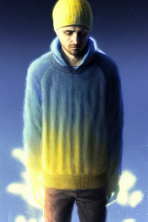 Image similar to portrait of jesse pinkman as sapphire herald in an elegant winter sweater, by makoto shinkai, by akihiko yoshida, by zdzislaw beksinski, by dariusz zawadzki, artbook, tone mapped, deep blues, shiny, soft lighting