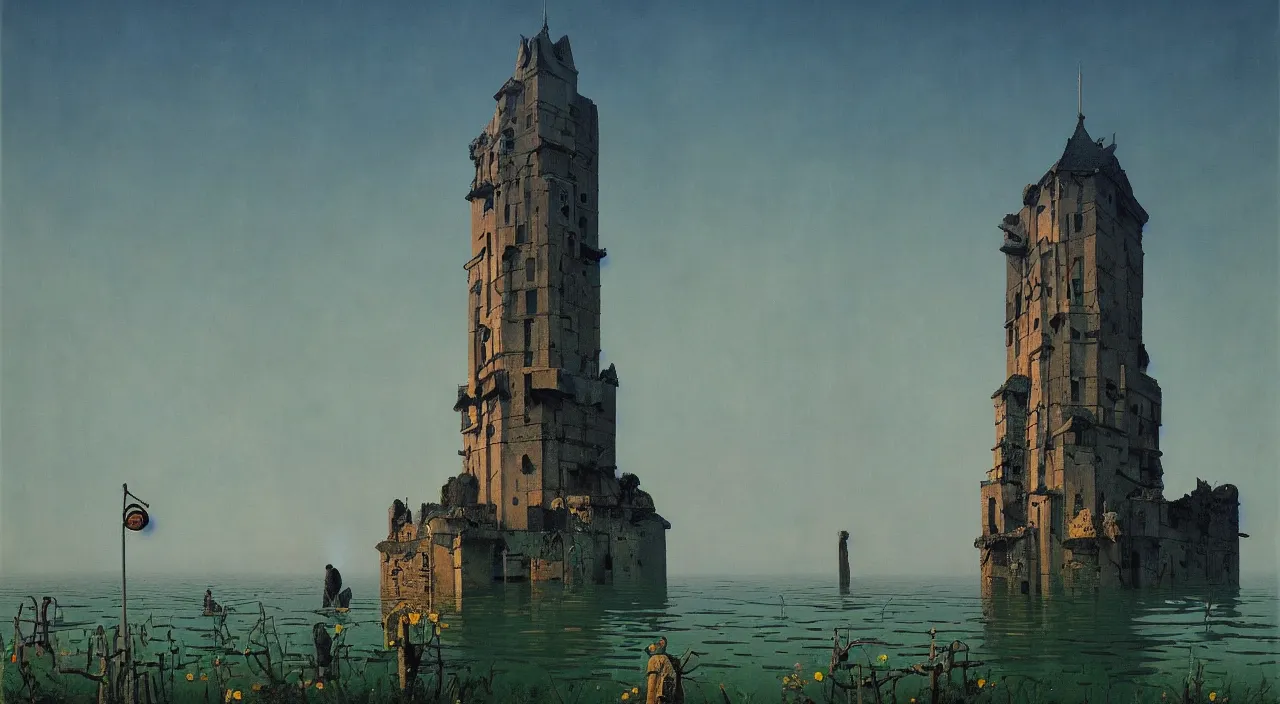 Prompt: a high contrast! painting of a minimalist flooded ancient head tower by rene magritte simon stalenhag carl spitzweg jim burns, full-length view, vibrant colors, extremely high contrast!, symmetry, great composition, high detail, cinematic lighting, award winning masterpiece, trending on artstation