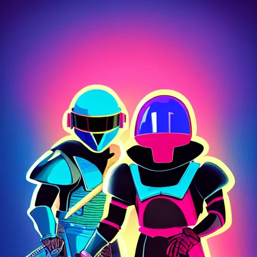 Image similar to shovel knight as daft punk, Aaron Campbell behance, synthwave background,4k, colorful, digital art