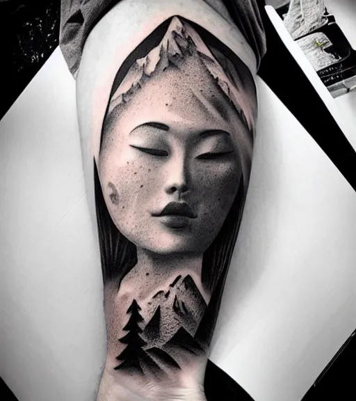 Image similar to amazing fade art of a hyper realistic mountain scenery with a beautiful woman face, tattoo design sketch, in the style of matteo pasqualin, hyper - realistic, amazing detail, black and white