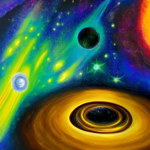 Image similar to abstract realistic painting of a black hole insine a golden dodecahedron with a blue and green nebula in background