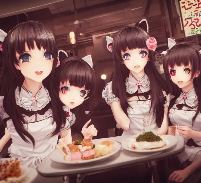 Prompt: maid cafe in akihabara by kantoku, intricate, face, symmetrical eyes, japanese akihabara cafe, cat, elegant, beautiful, highly detailed, dramatic lighting, sharp focus, trending on artstation, artstationhd, artstationhq, unreal engine, 4 k, 8 k