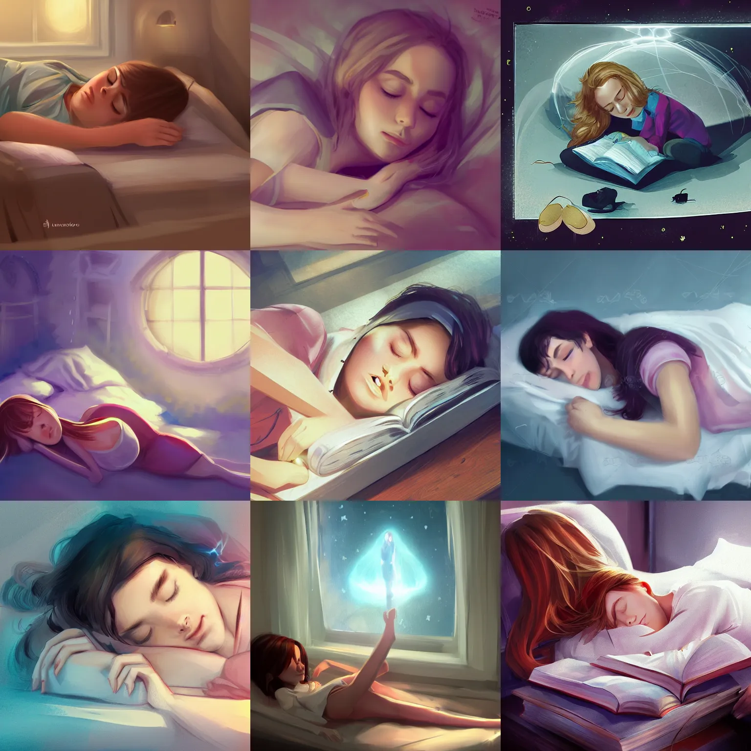 Prompt: girl dreaming while asleep in bed about studying quantum physics, artstation, concept art