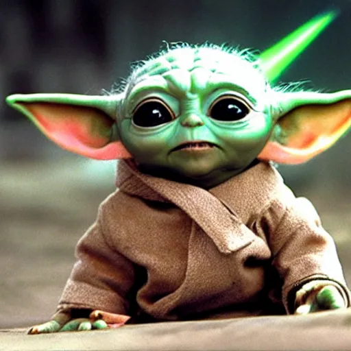 Image similar to A film still of Baby Yoda as a apocalyptic fully trained jedi realistic,detailed