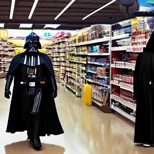 Image similar to A still of a Darth Vader shopping for groceries, 4k, photograph, photoreal, ultra realistic, highly detailed, professional lighting