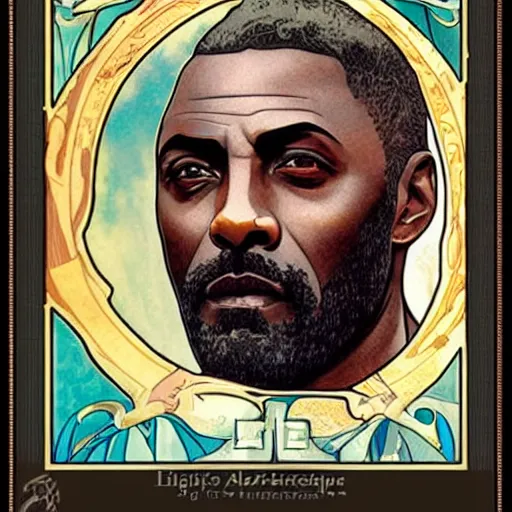 Image similar to idris elba portrait by louis - theophile hingre and alphonse mucha, realistic, sharp focus, zodiac signs, tarot cards, planets, ethereal, art nouveau, magic, moon, sun, crown, dreamy, royal, jewellery