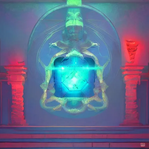 Prompt: ancient construct cursed by the epidote, painted by diego gisbert llorens and charles binger and frank wu and glenn chadbourne, trending on artstation, iridescent cool blue and cyan and red and blue and yellow and green lighting product view sacred geometry, unreal engine, positivism, vaporwave, performance art