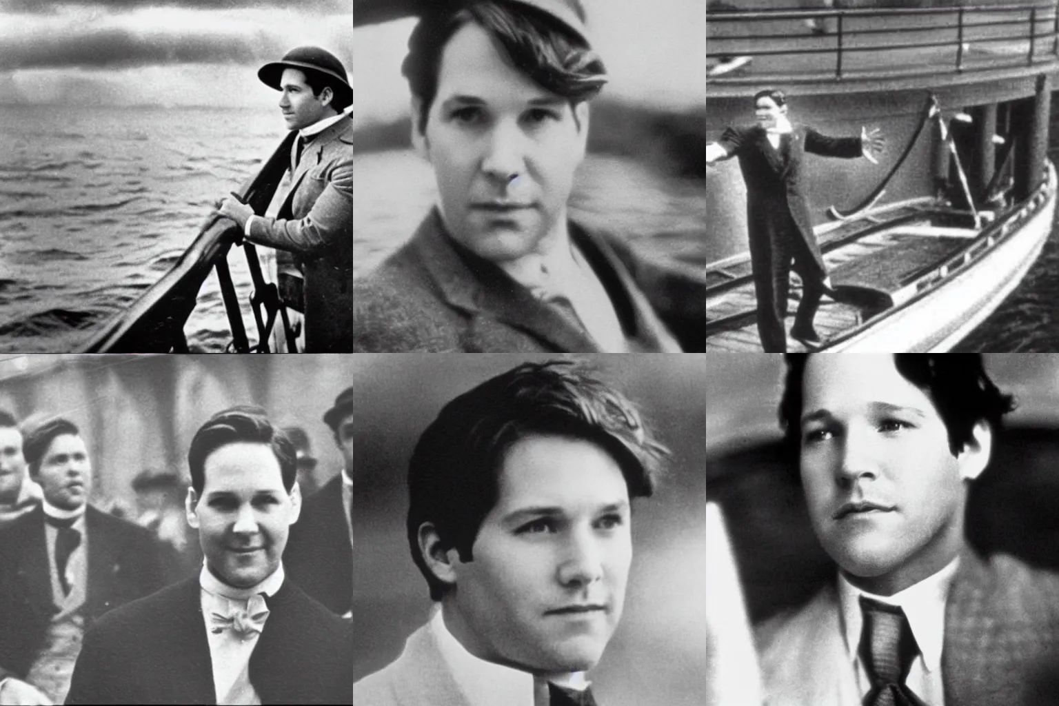 Prompt: candid photo of paul rudd on the titanic, black and white photo, grainy photo, found footage, circa 1 9 1 2.