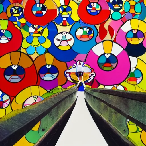 Prompt: man walking across bridge, bright colors, Takashi Murakami, Minimalist,