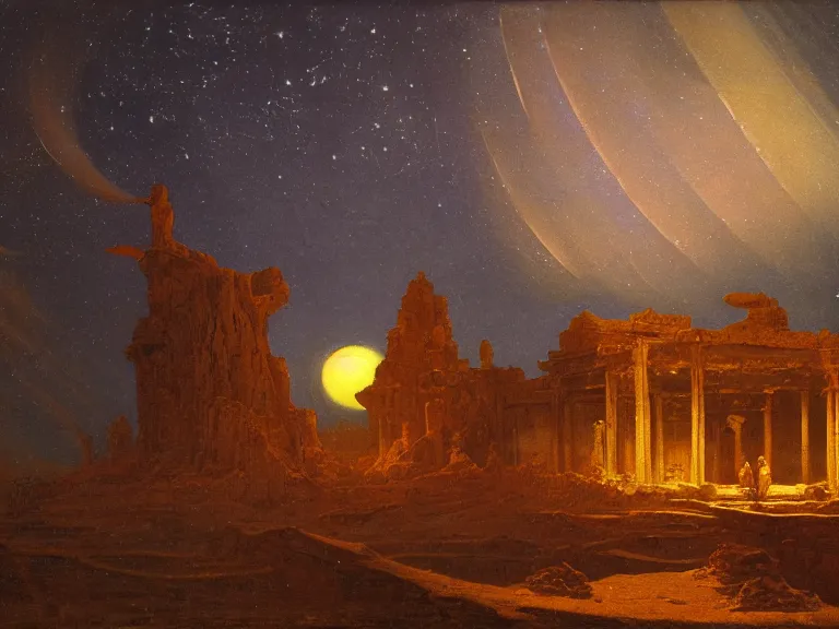 Prompt: an oil painting of an ancient and cursed temple in the middle of an alien salt plane at dusk, aurora and stars light up the sky by beksinski carl spitzweg and tuomas korpi. baroque elements, full-length view. baroque element. intricate artwork by caravaggio. Trending on artstation. 8k