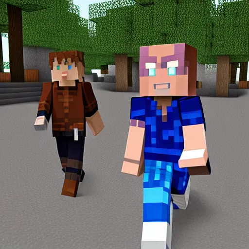 Image similar to photo of life like minecraft characters walking on london streets and scaring people