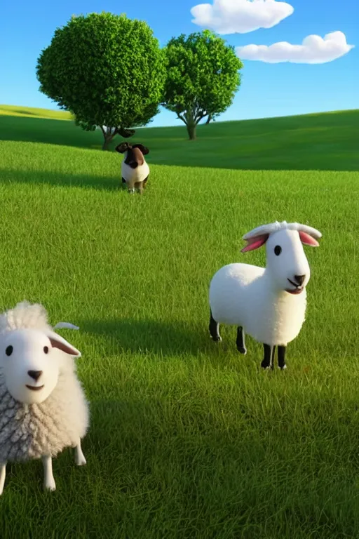 Prompt: a border collie and a funny sheep on sunny green grass with a fence and trees far away, pixar 3 d animation style