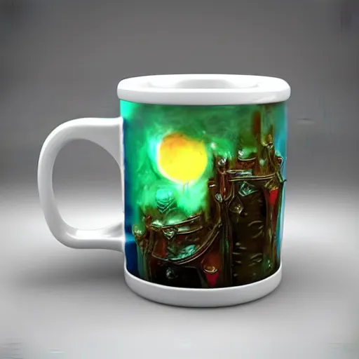 Image similar to a 3 d mug of an ugly mug on a mug, colorful, fantasy,