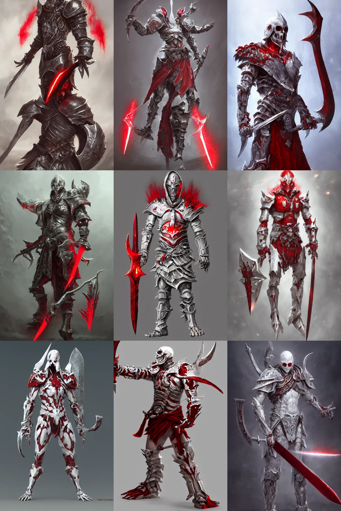 Prompt: concept art, warrior in armor made of white bones holding a red blade, necromancer, high quality 3D render, concept art, ryan meinerding, 4K, UHD, High quality, Trending on Artstation HQ