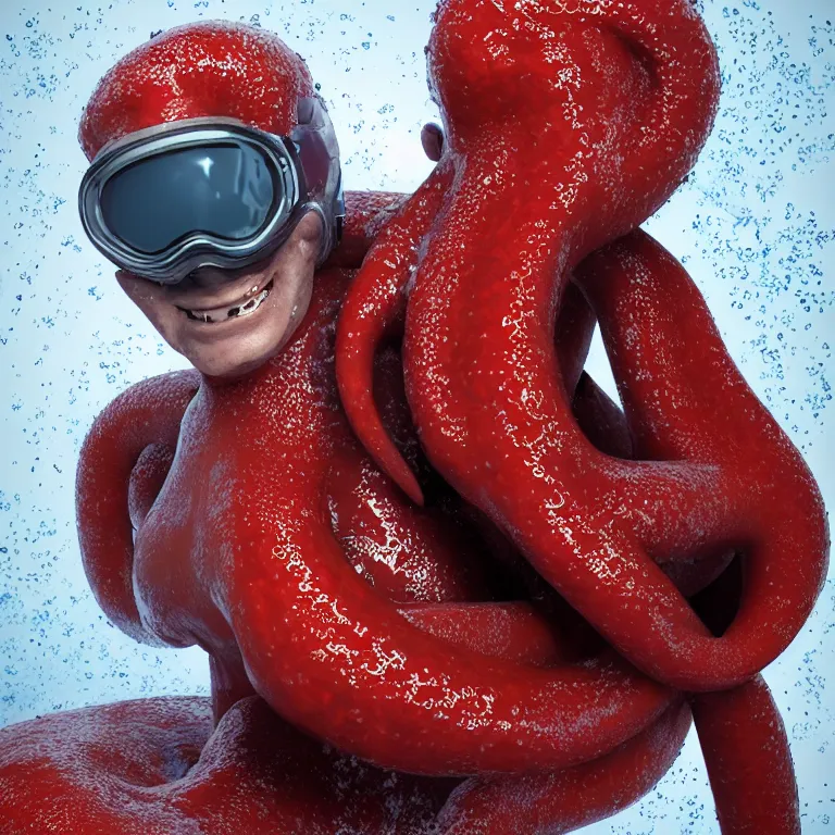 Prompt: octane render portrait by wayne barlow and carlo crivelli and glenn fabry, subject is a man in a wet suit with goggles with giant open mouth full of long red octopus tentacles, cinema 4 d, ray traced lighting, very short depth of field, bokeh