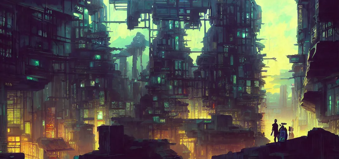 Image similar to baroque oil painting of anime key visual environment concept art of a cyberpunk city, brutalist, dark fantasy, rule of thirds, digital cel shading, fake hidden detail, trending on pixiv fanbox, acrylic palette knife and brush, style of makoto shinkai studio ghibli jamie wyeth james gilleard greg rutkowski