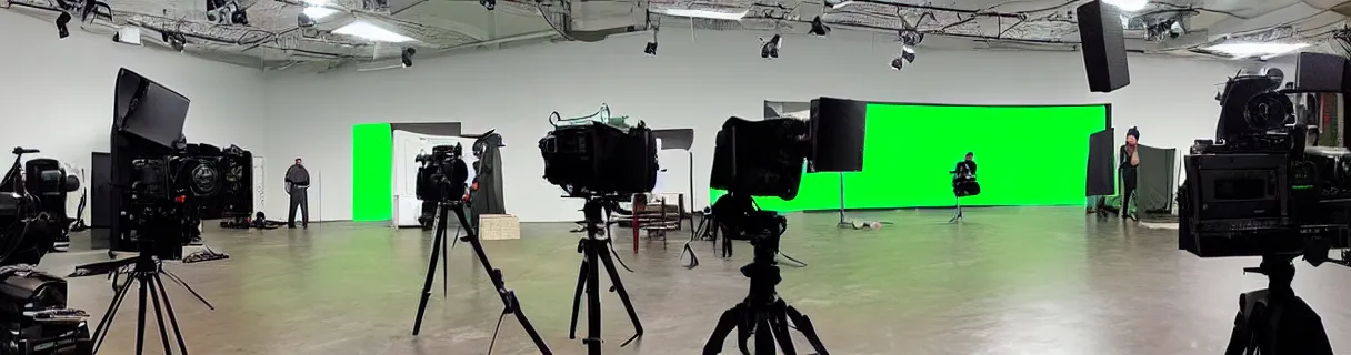 Prompt: photo of a movie set with a big bright green screen, film crew, actors, cameras, studio, movie set, realistic, studio lighting