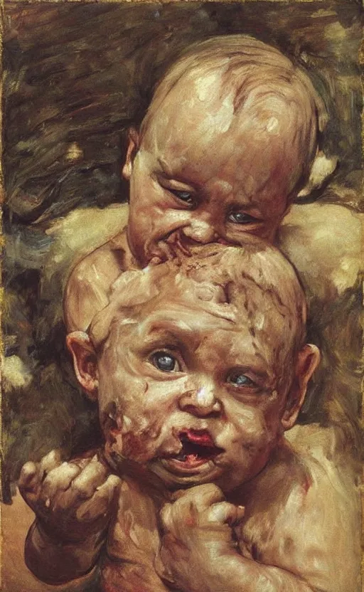 Image similar to baby with a adult face of Putin eating used up diapers covered in brown substance, Putin face of fear, ugly body painted by Lucian Freud, Ilya Repin