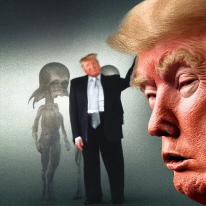 Image similar to A very blurry and grainy ominous screen footage capture of Donald Trump talking to an alien