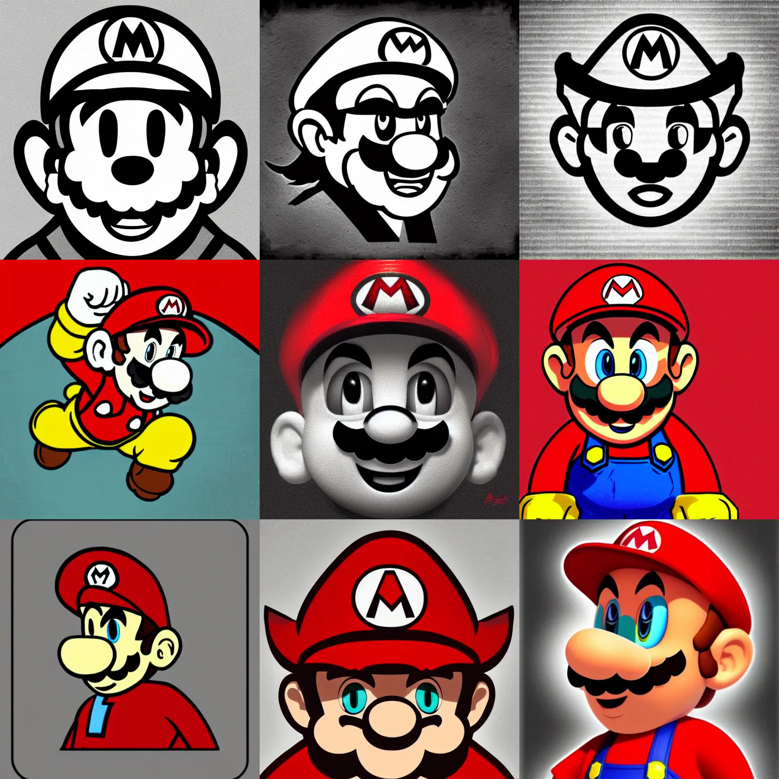 Prompt: videogame fanart of super mario facing camera, expression of malice and anger, focused gaze, faded and limited color palette, red selective coloring + monochrome, striking artstyle with sharp shadows