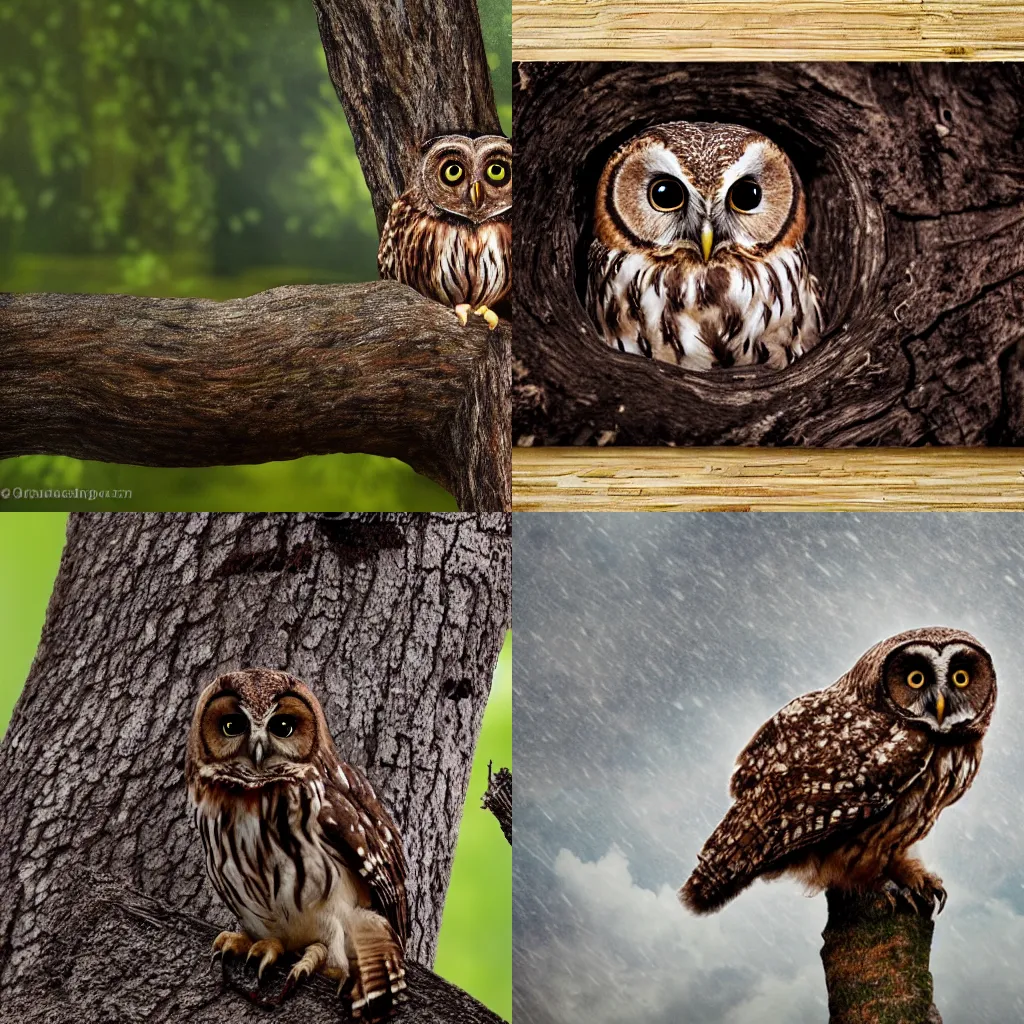 Prompt: a brown owl with big eyes making a hole in an oak tree during a thunderstorm, ultra realistic, dark colors, dark background, glossy, smooth lighting