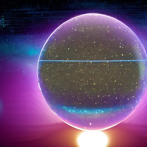 Image similar to glowing sphere, surrounded by steel bands, in space