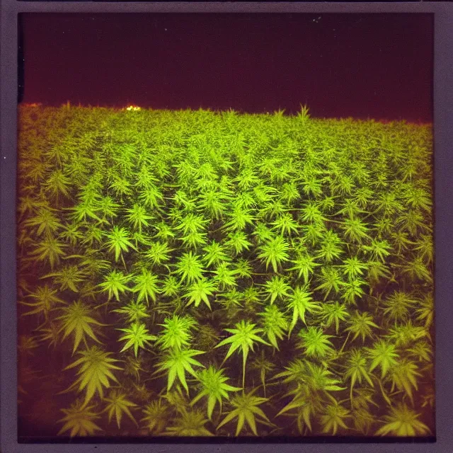 Prompt: field of cannabis on ( ( fire ) ) at night, polaroid