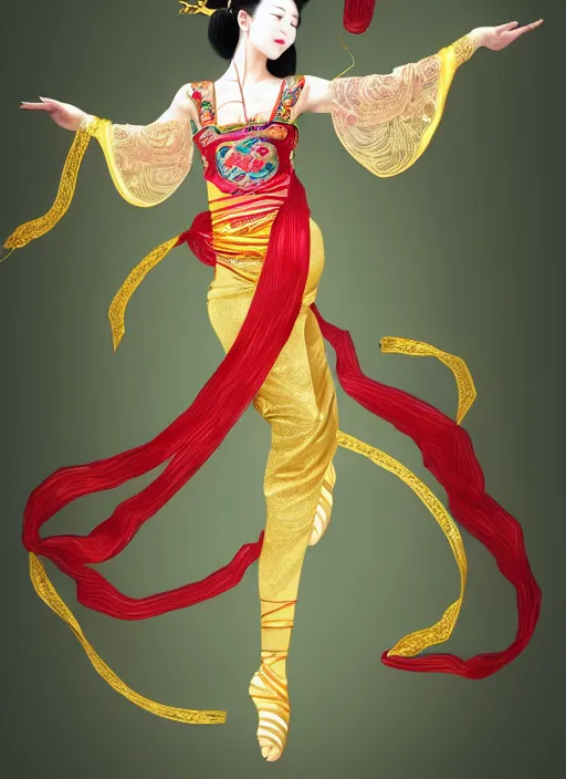 Image similar to full body portrait of a dancer doing a chinese ribbon dance, feet, barefoot, full body, vivacious, extremely beautiful, elaborate gold jewelry, hanfu, chinese ribbon dance, aerial silk, flying silk, ming dynasty, detailed, realistic face, anatomically accurate, fantasy art, in the style of ghostblade, wlop.