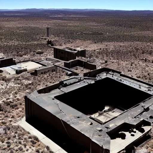 Prompt: an abandoned and destroyed black mesa research facility