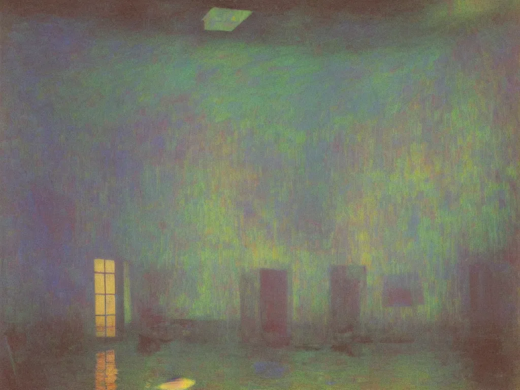 Image similar to interior of a flooded old house. aurora borealis. iridescent, psychedelic colors. painting by hammershoi, monet, georges de la tour, mark rothko, agnes pelton, hockney