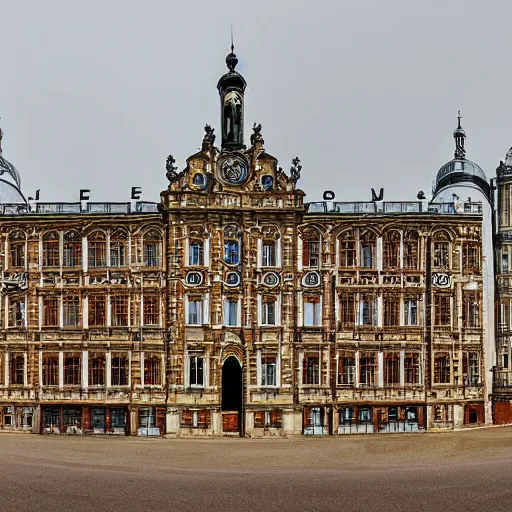 Prompt: a large building with a clock on the top of it, a flemish baroque by bela ivanyi - grunwald, unsplash, heidelberg school, panorama, wimmelbilder, flemish baroque