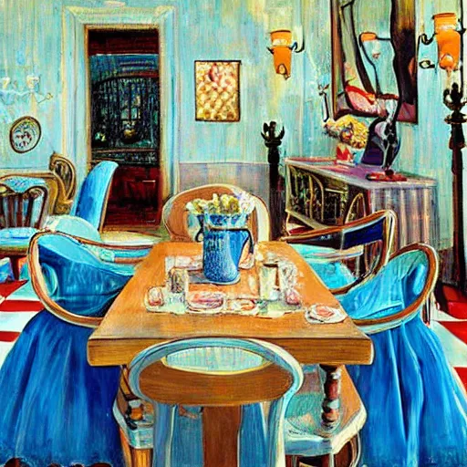 Image similar to alice in the wonderland, table, chairs, wood floor, blue dress, blonde by cheval michael