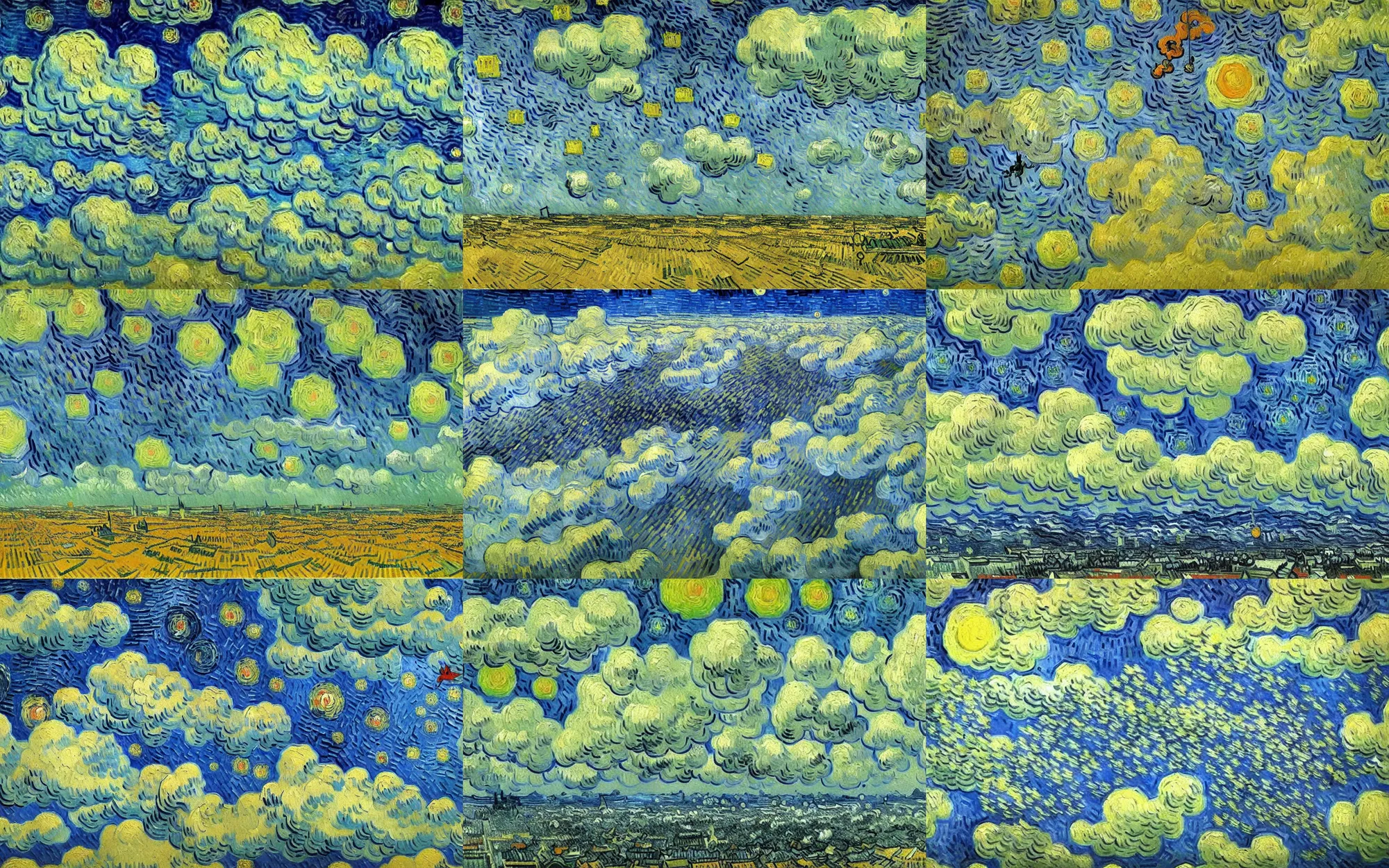 Prompt: detailed expressionist oil painting by van gogh of a flying airborne city floating in the clouds