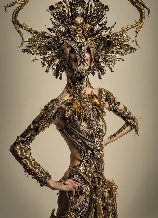 Prompt: a portrait of female model by stefan geselle and nekro borja, photorealistic, intricate details, hyper realistic, fantasy, elegant, ornate metal gold headpiece, photorealistic, canon r 3, photography, wide shot, symmetrical features, wide angle shot, whole body, full body shot, standing pose, feet on the ground, studio background