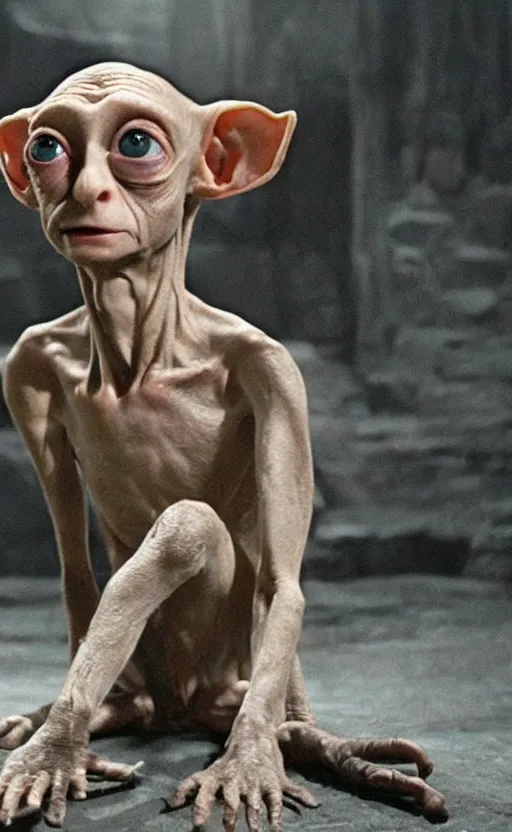 Image similar to dobby gollum, cinema still