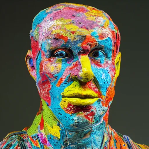 Image similar to a photograph of a man made entirely of colorful papier mache