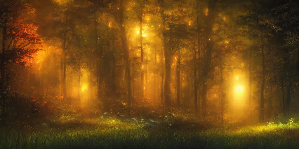 Image similar to a forest at night, cinematic angle, studio Ghibli, cinematic lighting, digital art, detailed oil painting, hyperrealistic, 8k