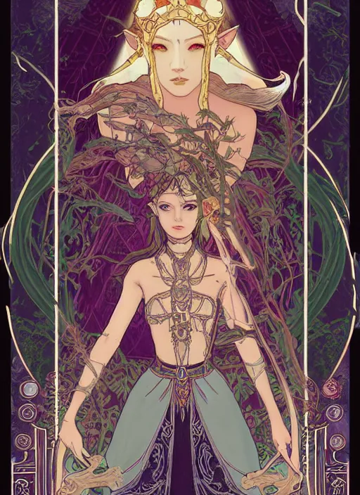 Prompt: the Empress tarot card art nouveau beautiful full body dark fantasy Legend of Zelda breath of the wild, blackpink lisa+smoky eyes+front face with light flowing hair, ultradetail face, art and illustration by CASIMIR ART and tian zi and craig mullins and Ayami Kojima and WLOP and alphonse mucha, fantasy, intricate complexity, human structure, human anatomy, fantasy character concept, watermark, blurry, hyperrealism 8k