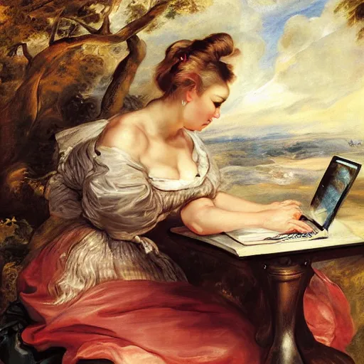 Image similar to heavenly summer sharp land sphere scallop well dressed lady working on her laptop auslese, by peter paul rubens and eugene delacroix and karol bak, hyperrealism, digital illustration, fauvist