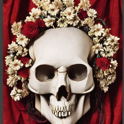 Image similar to a man in the form of a Greek sculpture with a mask in the form of a skull and wreath of flowers skulls in hands dressed in a biomechanical dress, red white and gold color scheme, baroque, by Michelangelo