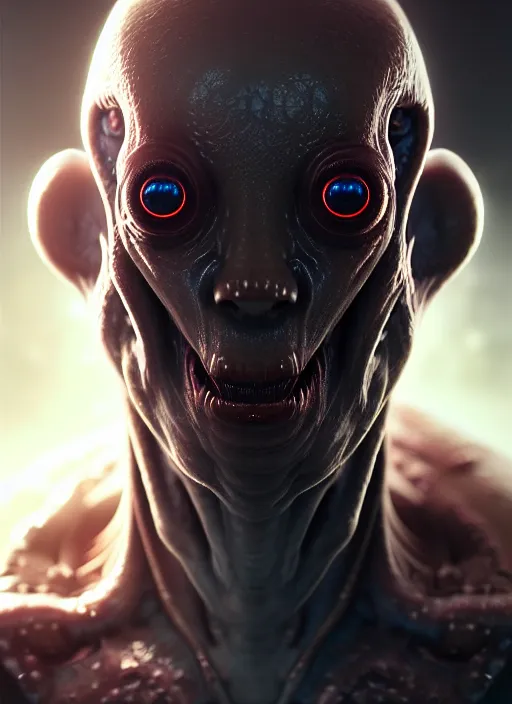 Image similar to portrait of a space alien, varying detailed skin, octane render, piercing glowing eyes, realistic render, detailed, ugly, slimy unreal engine, symmetrical!!, greg rutkowski and ruan jia, cinematic