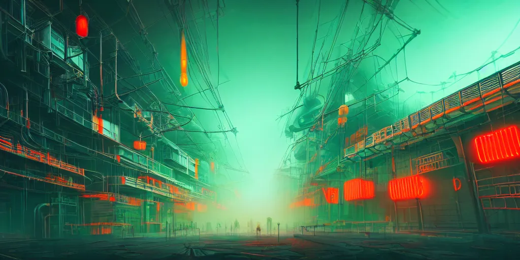 Image similar to a low angle photography of a big giant ominous industrial, futuristic cyberpunk factory at cloudy night with green and orange and red light and pipes and cables with a big chinese character neon sign + with fog + corporation + artstation photorealistic concept art